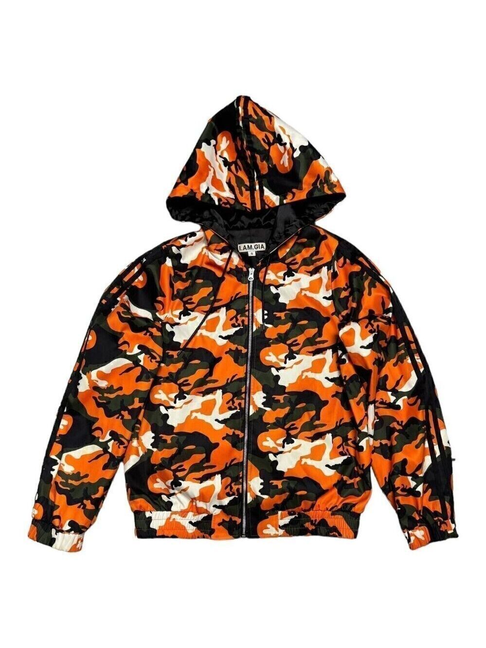 I AM GIA Luxury Designer Streetwear Orange Camo Full Zip Bomber Jacket Small